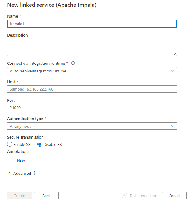 Screenshot of linked service configuration for Impala.