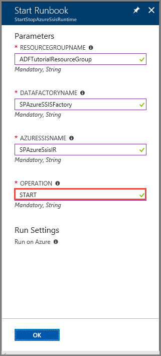 Screenshot of the pane for parameters in starting a runbook.