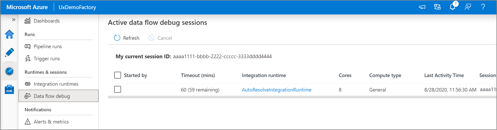 View data flow debug sessions