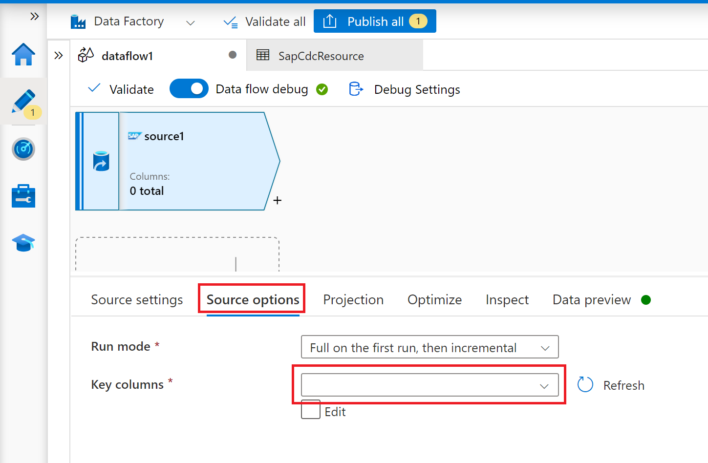 Screenshot of the key columns selection in source options of mapping data flow source.