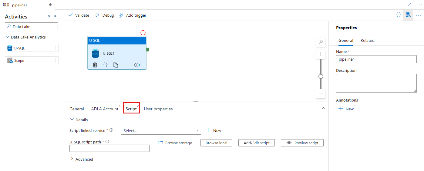 Shows the UI for the Script tab for a U-SQL activity.