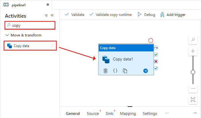 Shows a screenshot demonstrating how to drag and drop the copy activity onto the pipeline designer.