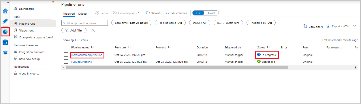 Screenshot that shows pipeline runs for a data factory.