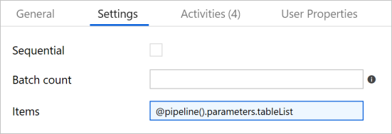 ForEach activity - settings