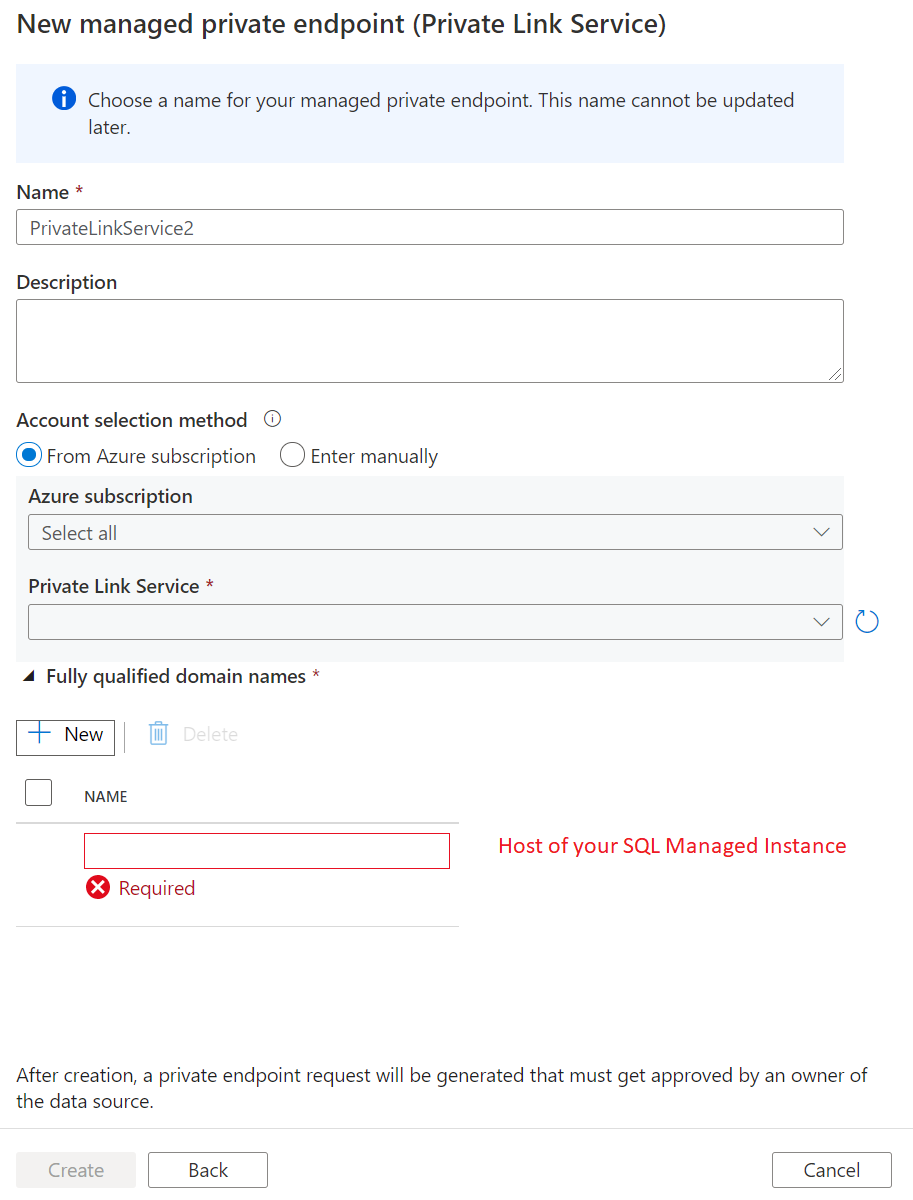 Screenshot that shows the private endpoint settings.