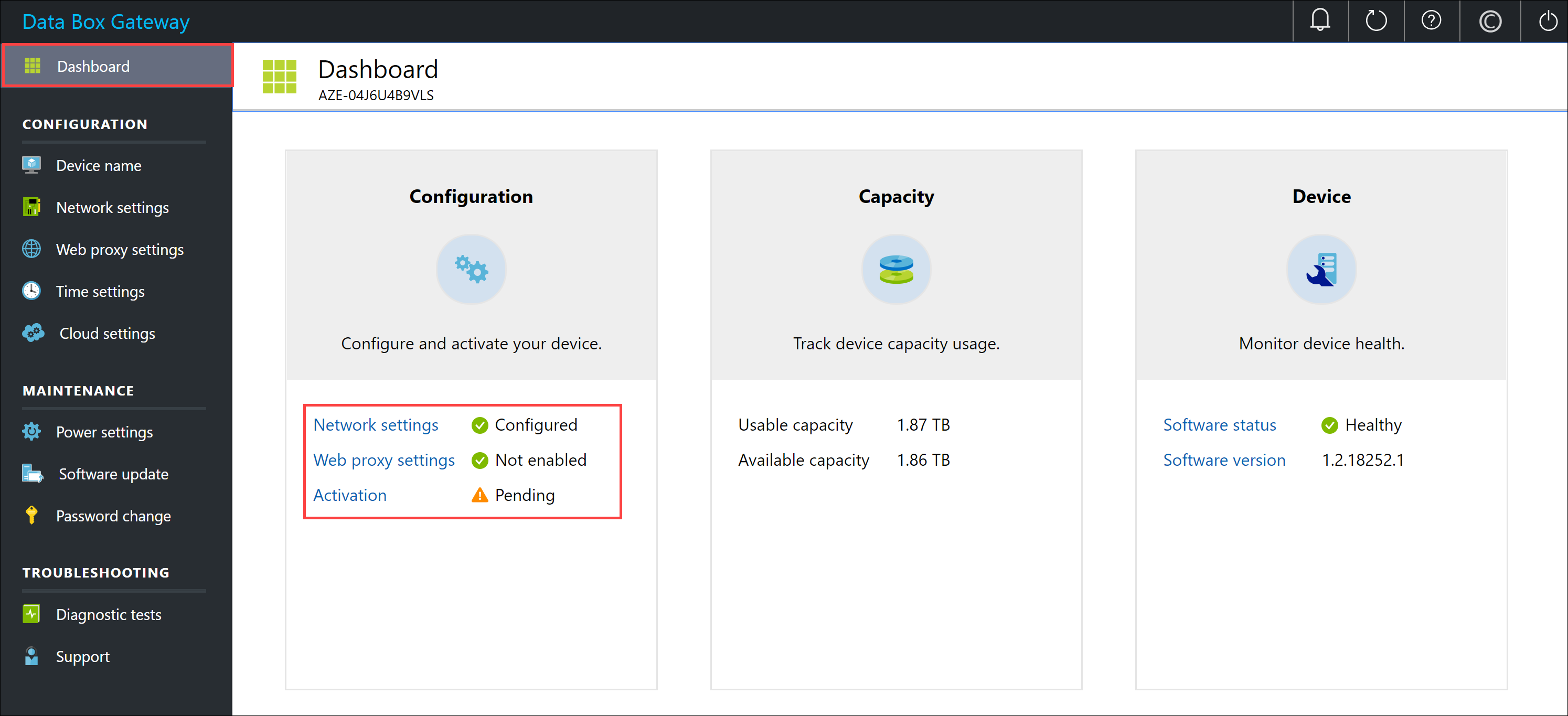 Local web UI "Dashboard" page