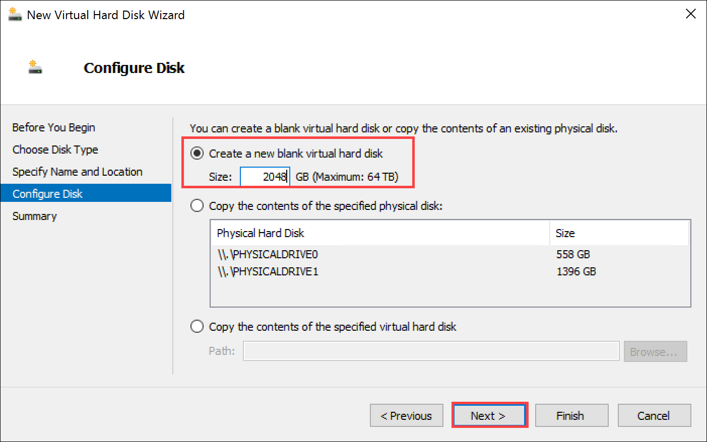 Configure Disk page