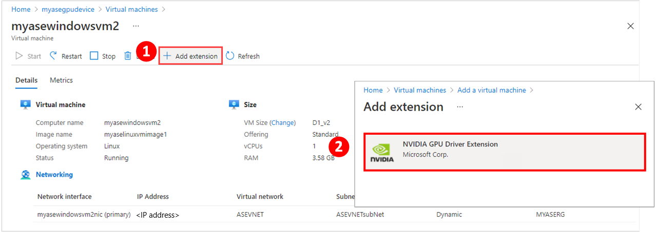 Illustration showing 2 steps to use the "Plus Add Extension" button on the virtual machine "Details" pane to add a GPU extension to a VM on an Azure Stack Edge device.