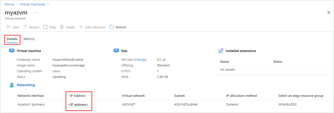 Screenshot of the Details pane for an Azure Stack Edge virtual machine. The IP Address, under Networking, is highlighted.