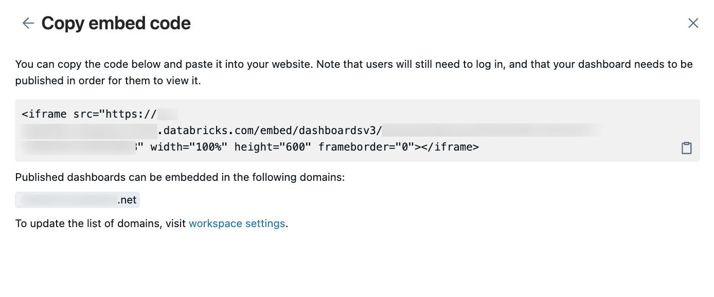 Copy embed code dialog shows the generated iframe code and domains that published dashboards can be embedded in.