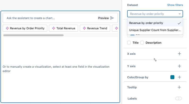 A blank visualization widget and the visualization configuration panel.