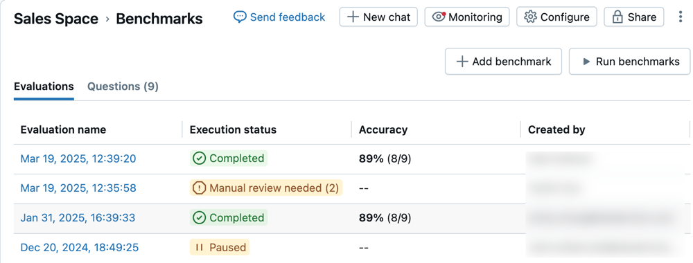 Example benchmarks with accuracy reported on nine questions.