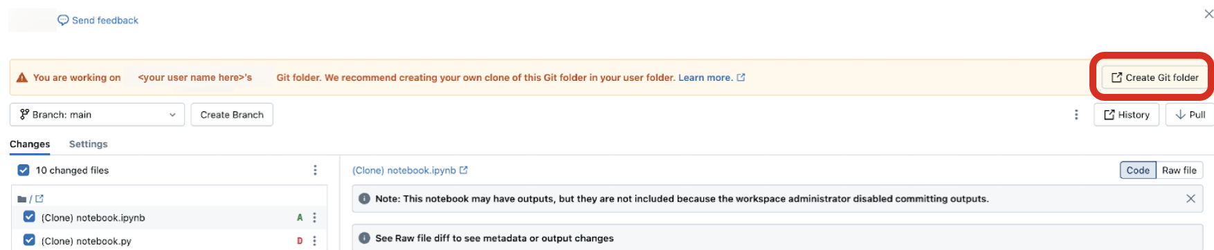 Click the Copy link to Git folder button the banner to share the Git repo configuration for the folder with another user in your Databricks organization