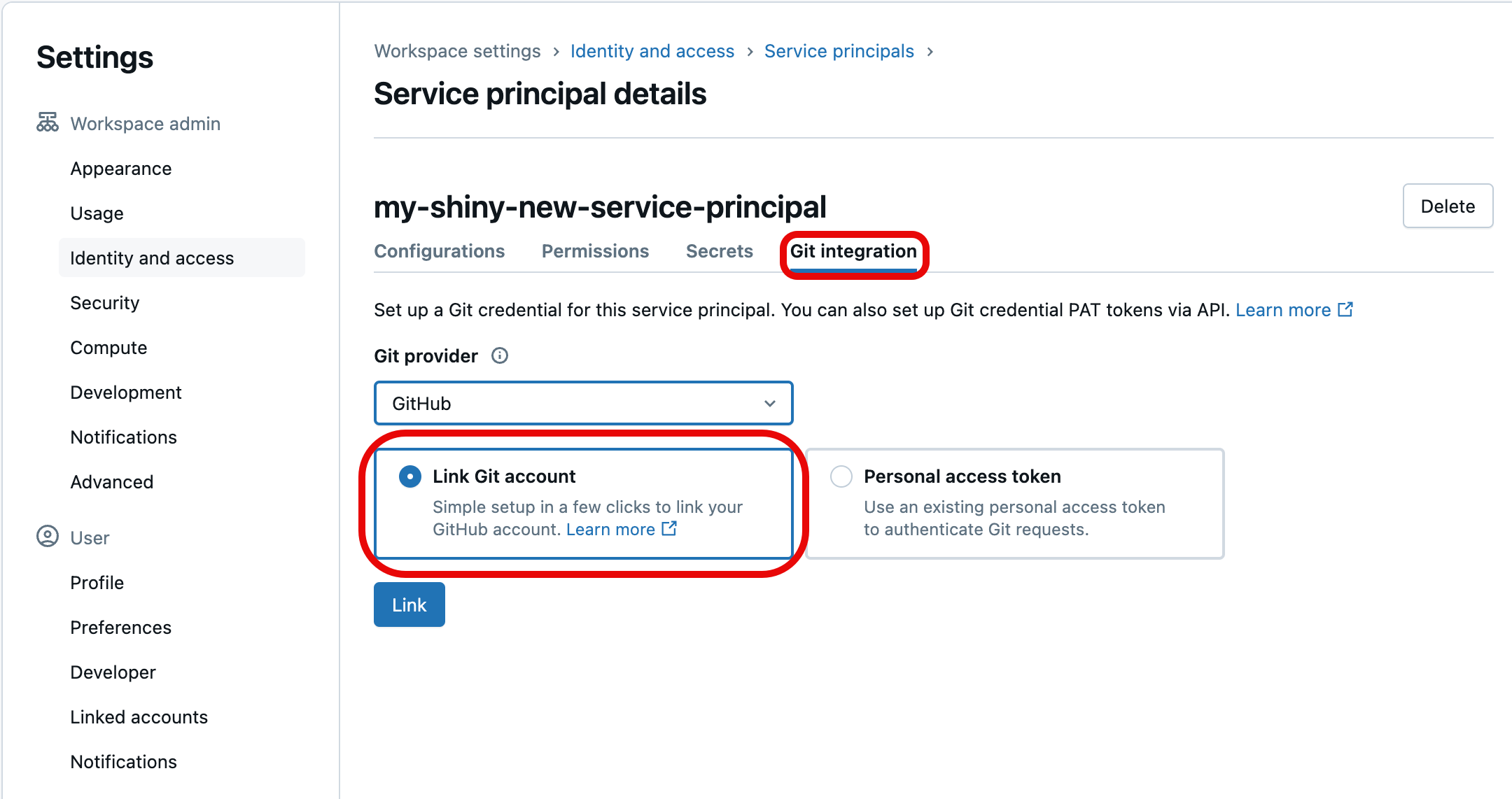 Linking your Git credentials to a Databricks service principal
