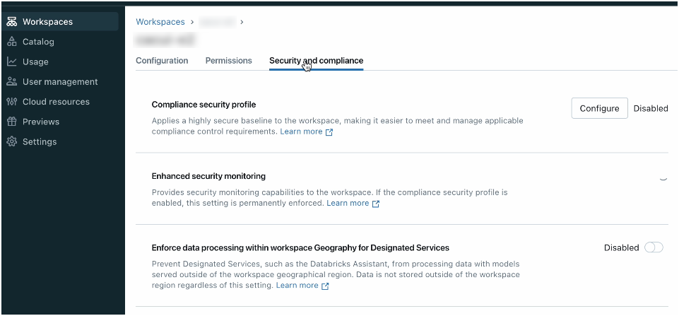 Toggle for enabling or disabling cross-Geo data processing for a workspace.