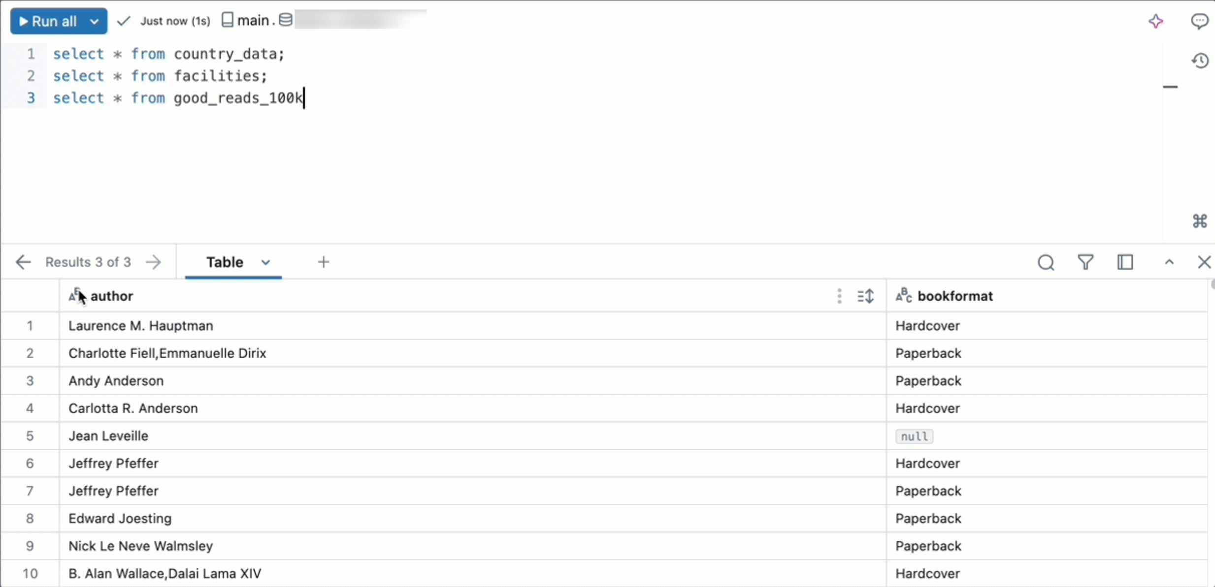 New SQL editor allows you to scroll through different tables in the output panel.