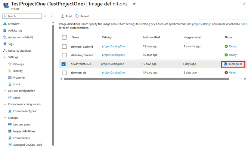 Screenshot of the pane that lists image definitions, with the in-progress status highlighted for a selected image definition.