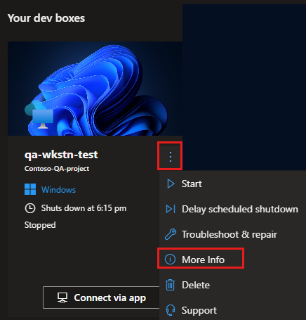 Screenshot of the developer portal showing the actions menu for a dev box and More Info selected.
