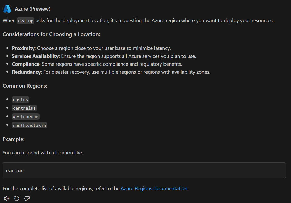 Screenshot that shows a response from GitHub Copilot for Azure with an answer that describes what the Azure locations are and how to choose one.