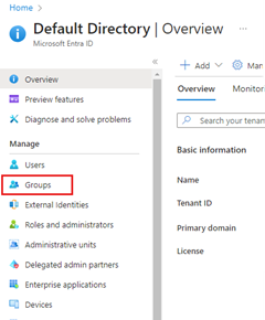 A screenshot showing the location of the Groups menu item in the left-hand menu of the Microsoft Entra ID Default Directory page.