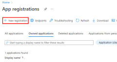 A screenshot showing the location of the New registration button in the App registrations page.
