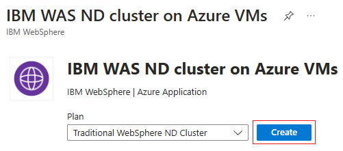 Screenshot of the Azure portal that shows the IBM WAS ND cluster on Azure VMs offering.