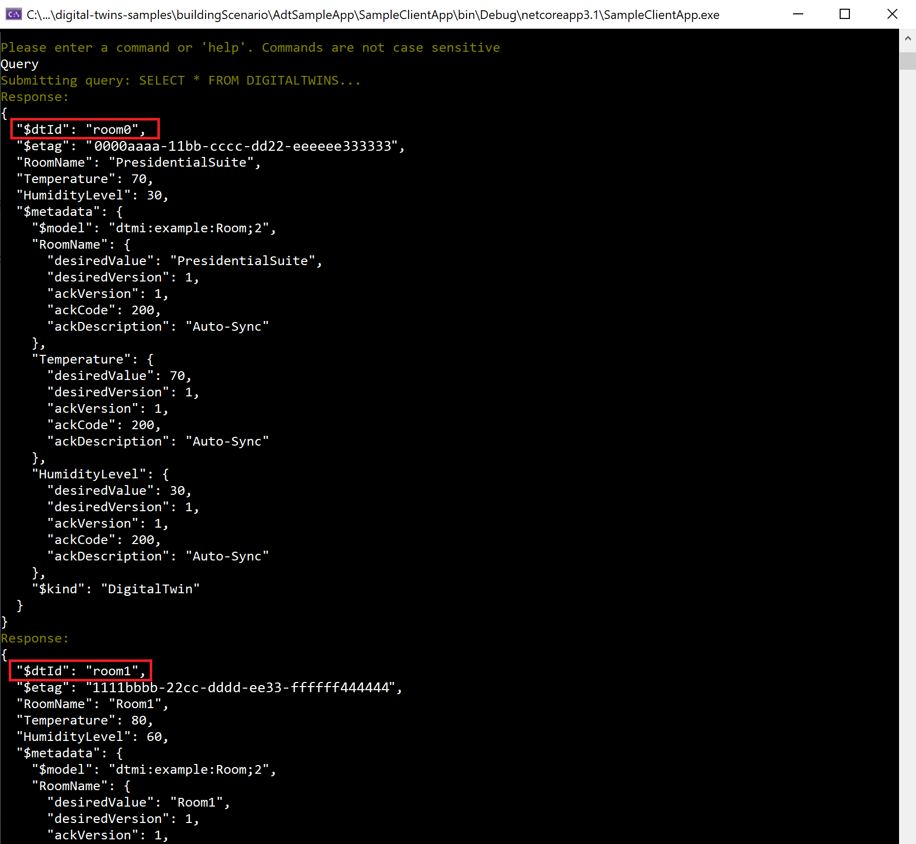 Screenshot showing a partial result from the twin query, including room0 and floor1.