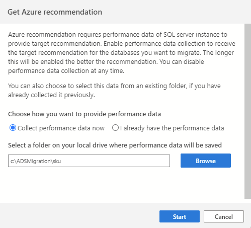 Screenshot that shows the wizard pane to collect performance data for SKU recommendations.