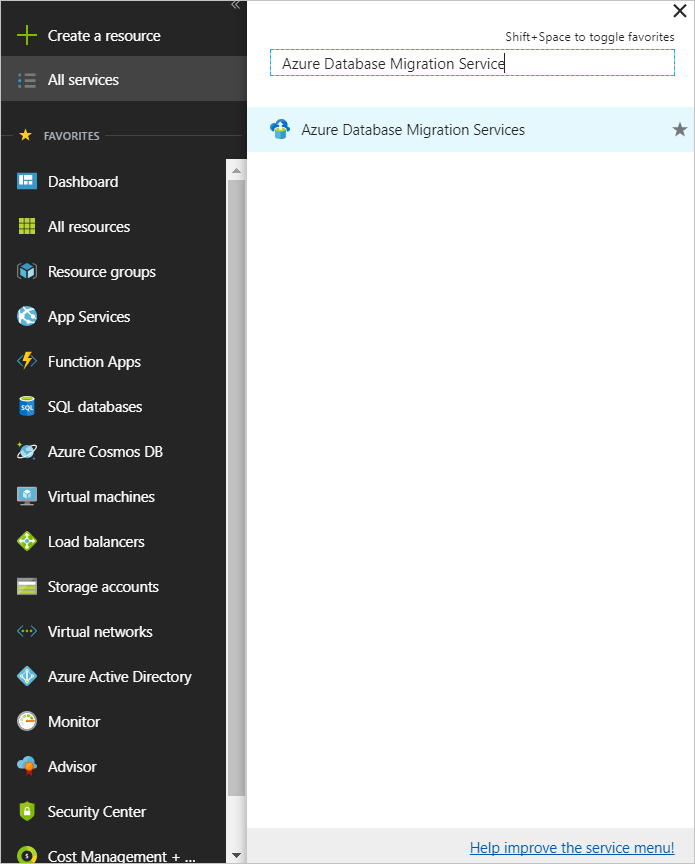 Screenshot of Locate all instances of the Azure Database Migration Service.