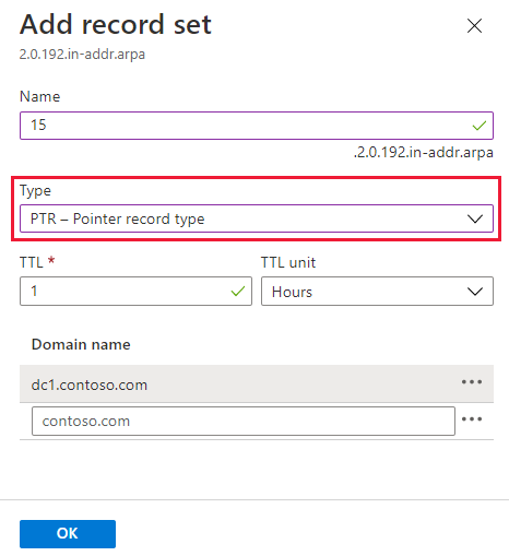 Screenshot of create IPv4 pointer record.