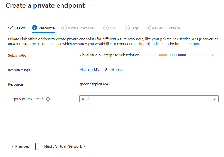 Screenshot showing the Resource page of the Create a private endpoint wizard.