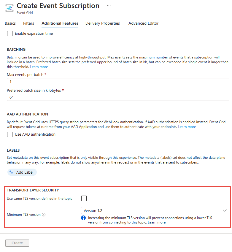 Screenshot showing the page to set the minimum TLS version when creating an event subscription to an Event Grid topic.