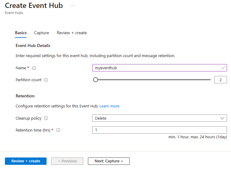 Screenshot of the Create event hub page.