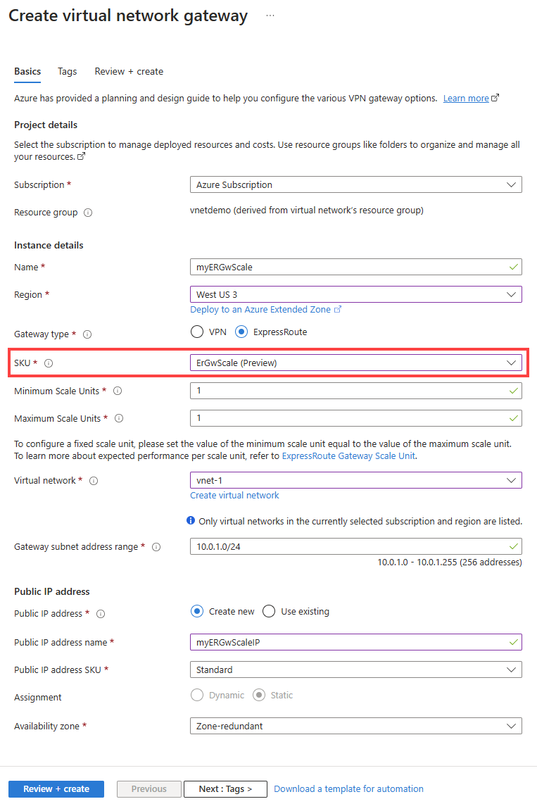 Screenshot that shows the Add subnet page for adding  the gateway subnet.