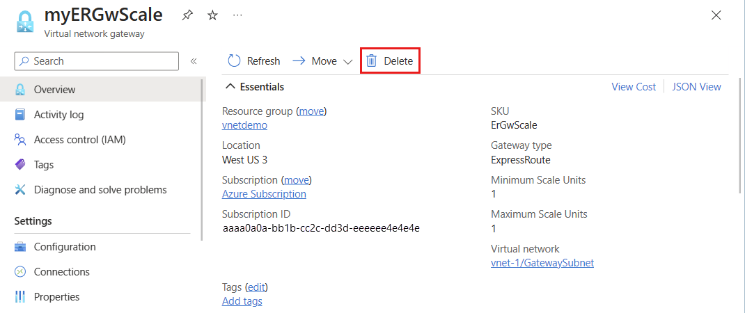 Screenshot that shows how to delete the virtual network gateway.