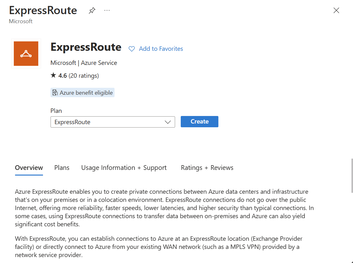 Screenshot of the create an ExpressRoute circuit resource.