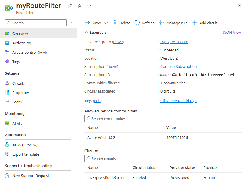 Screenshot of a route filter overview page.