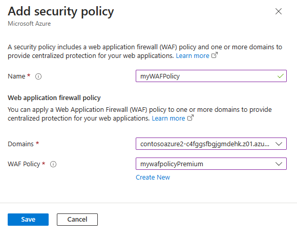 Screenshot of add security policy page for FrontDoor.