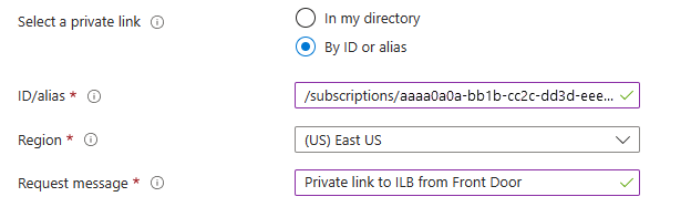 Screenshot of selecting a private link service using a resource ID.