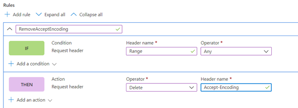 Screenshot that shows the Accept-Encoding rule in a rule set.