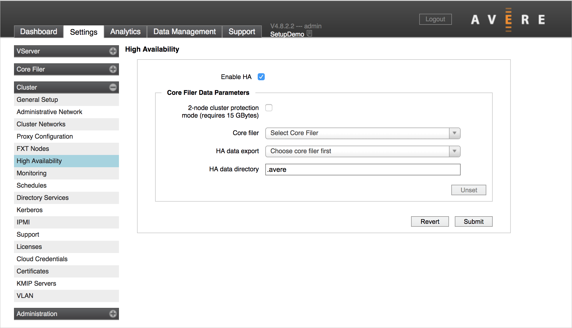 HA configuration page (Cluster > High Availability). The "Enable HA" checkbox is at the top and the submit button is at the bottom.