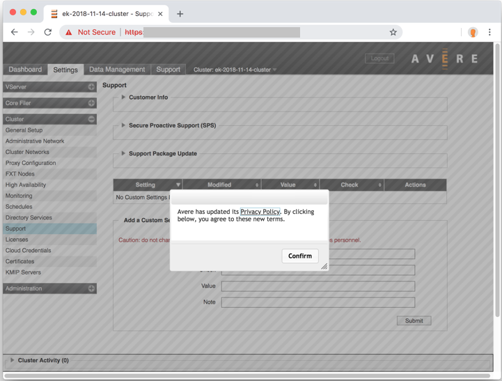 Screenshot showing Control Panel and pop-up window with Confirm button to accept the privacy policy