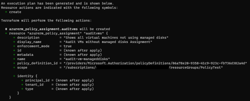 Screenshot of running the terraform plan command and out parameter to show the Azure resource that would be created.