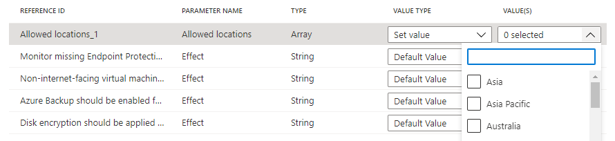 Screenshot of the options for allowed values for the allowed locations definition parameter on the policy parameters tab of the initiative definition page.