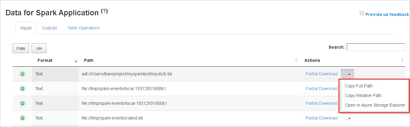 Copy Full Path and Copy Relative Path options on the Data for Spark Application page.