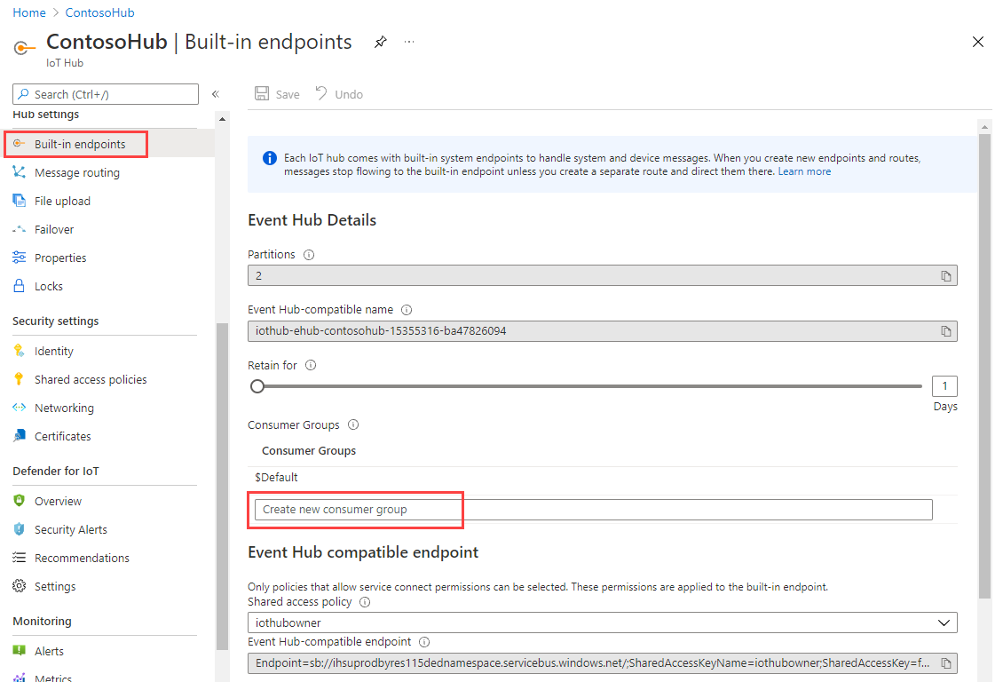 Screenshot showing how to create a consumer group in your IoT hub.