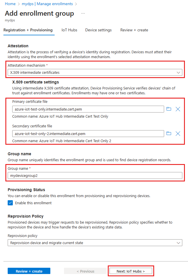 Screenshot that shows adding an enrollment group for X.509 certificate attestation.