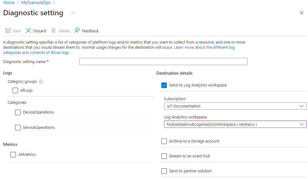 Diagnostic Settings pane for a DPS instance.