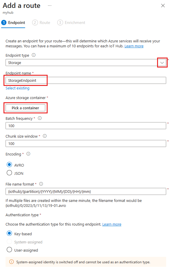 Screenshot that shows the Add a storage endpoint pane with the correct options selected.