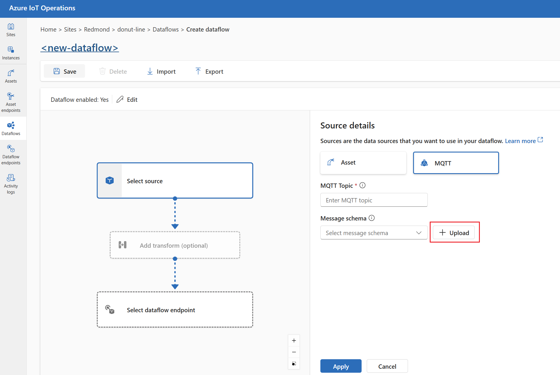 Screenshot that shows uploading a message schema in the operations experience portal.